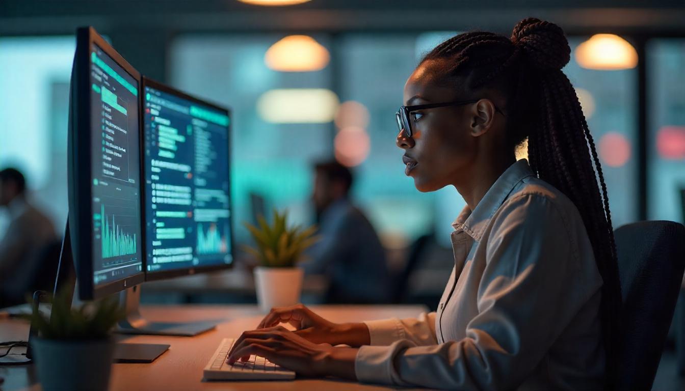 The individual intently focused on the multiple computer screens in this image represents the MSSP scalability advantages, where comprehensive, centralized monitoring and analysis empower security professionals to effectively manage and protect diverse, complex systems.