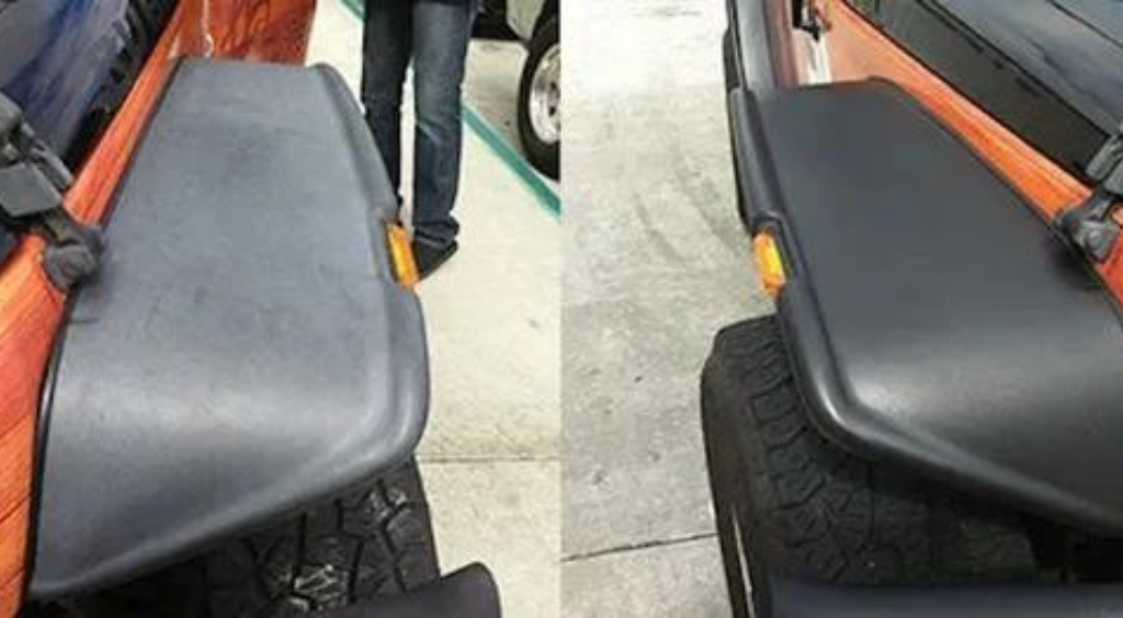 Before and after comparison of Jeep fenders, showing a faded gray fender on the left and a freshly restored black fender on the right