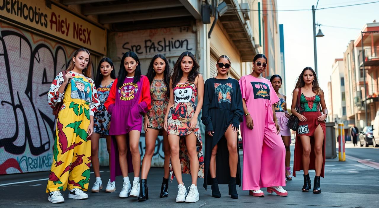 “An array of fashion Nova dresses inspired by streetwear, showcasing bold colors and oversized silhouettes, featuring unique patterns and graphics, set against an urban backdrop with graffiti and city elements, emphasizing a mix of sporty and chic styles.”