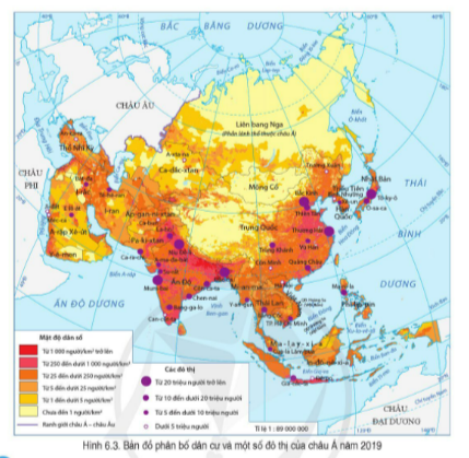 BÀI 6. ĐẶC ĐIỂM DÂN CƯ, XÃ HỘI CHÂU ÁĐặc điểm dân cưCâu 1: Đọc thông tin và quan sát hình 6.1, hãy nhận xét về số dân của châu Á qua các năm.Đáp án chuẩn: Số dân đông nhất thế giới. Năm 2019, châu Á chiếm gần 60 % dân số thế giớiCâu 2: Đọc thông tin và quan sát bảng 6.1 và hình 6.2, hãy nêu đặc điểm cơ cấu dân số của châu ÁĐáp án chuẩn: Cơ cấu dân số trẻ nhưng đang già hoá và có sự khác biệt nam và nữPhân bố dân cư và các đô thị lớnCâu 1: Đọc thông tin và quan sát hình 6.2 và 6.3, hãy xác định các khu vực đông dân và thưa dân ở châu Á. Kể tên và xác định các đô thị từ 20 triệu người trở lên ở châu Á.Đáp án chuẩn: - Đông Á, Nam Á, Đông Nam Á.- Bắc Á, Trung Á.- Bắc Kinh, Tokyo, Thượng Hải, Đăcca, Mumbai, Niudeli.Đặc điểm tôn giáoCâu 1: Đọc thông tin, hãy nêu đặc điểm tôn giáo của châu Á.Đáp án chuẩn: Nơi ra đời của nhiều tôn giáo lớn: Ấn Độ giáo, Phật giáo, Ki-tô giáo và Hồi giáo.LUYỆN TẬPCâu 1: Hãy lập bảng để thể hiện một số đô thị (tên đô thị, thuộc quốc gia) phân theo số dân của châu Á: dưới 5 triệu người, từ 5 đến dưới 10 triệu người, từ 10 đến dưới 20 triệu người. Đáp án chuẩn: Số dânCác đô thị, quốc giaDưới 5 triệu ngườiAxtana, Trường Xuân, Côn Minh, Ancara, Hà Nội, MeccaTừ 5 đến dưới 10 triệu ngườiVũ Hán, TP HCM, Yangun, Xeun, Batđa, Teheran,…Từ 10 đến dưới 20 triệu ngườiBăng Cốc, Côncata, Chennai, Bangalo, Giacacta, Ốsaca, Trùng KhánhVẬN DỤNG