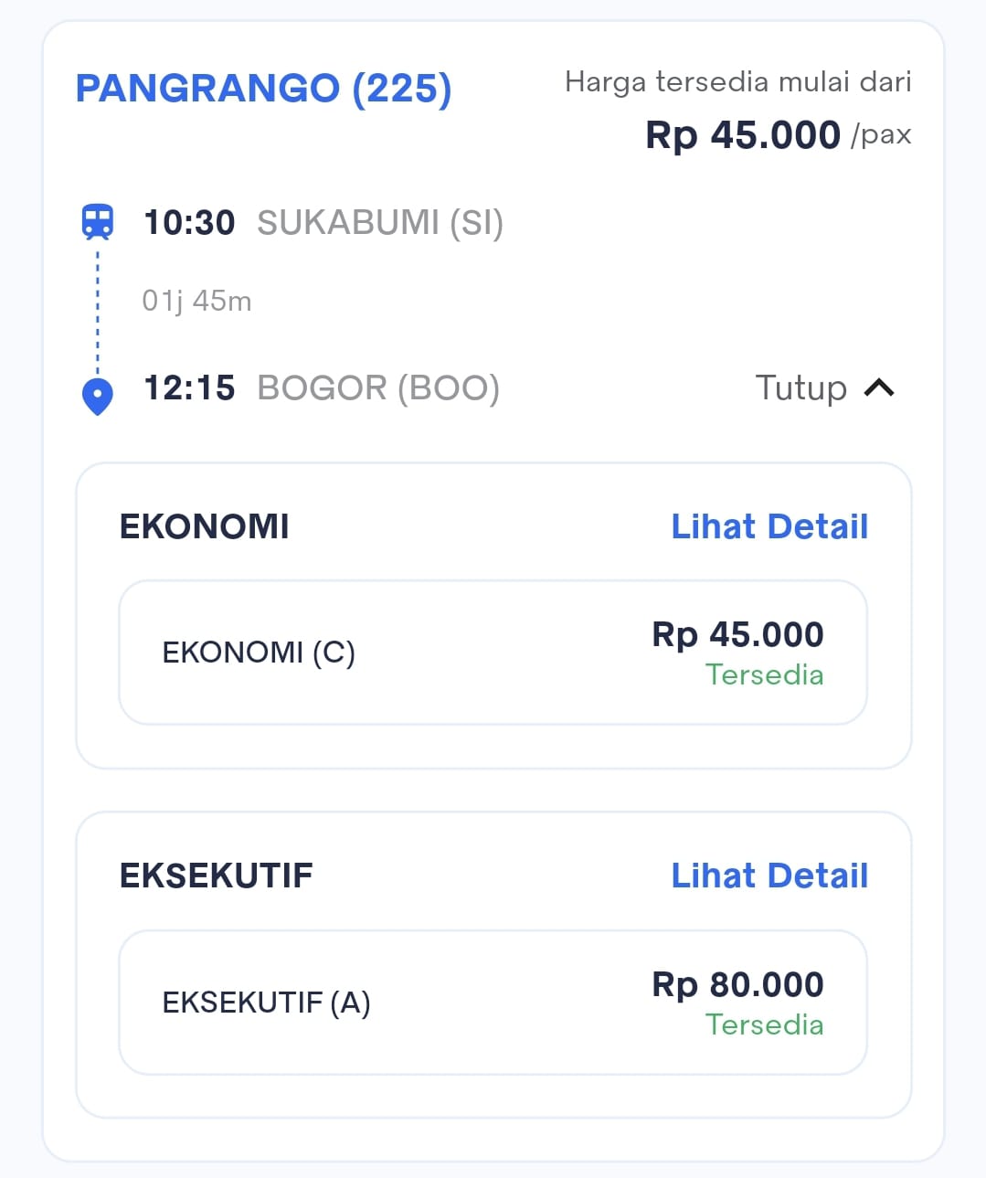 Harga Tiket KA Pangrango (225) Sukabumi (SI) — Bogor (BOO)