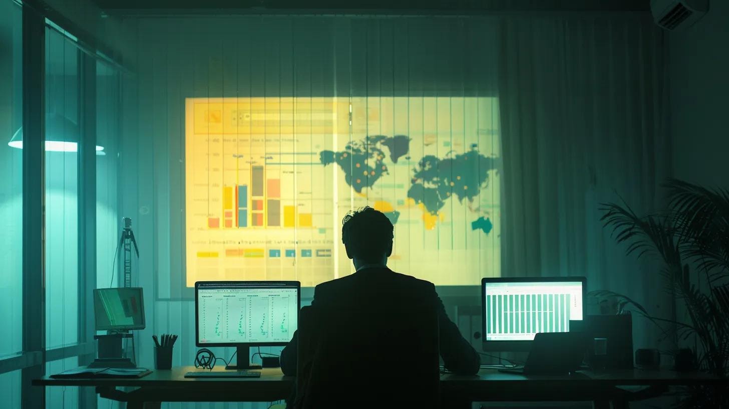 a sleek modern office setting features a large digital screen displaying colorful infographics and charts that illustrate different categories of user search intent, while a focused professional analyzes data attentively at a contemporary desk.