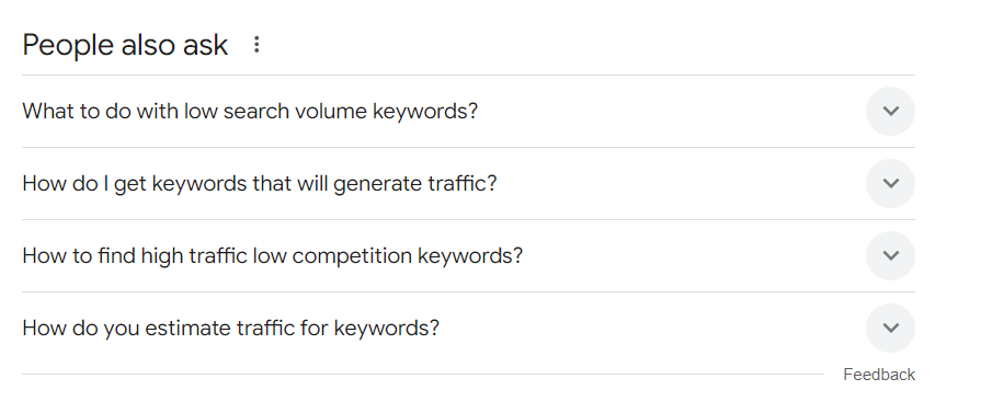 Google 'People also ask' section listing similar questions to generate traffic and find low competition keywords.