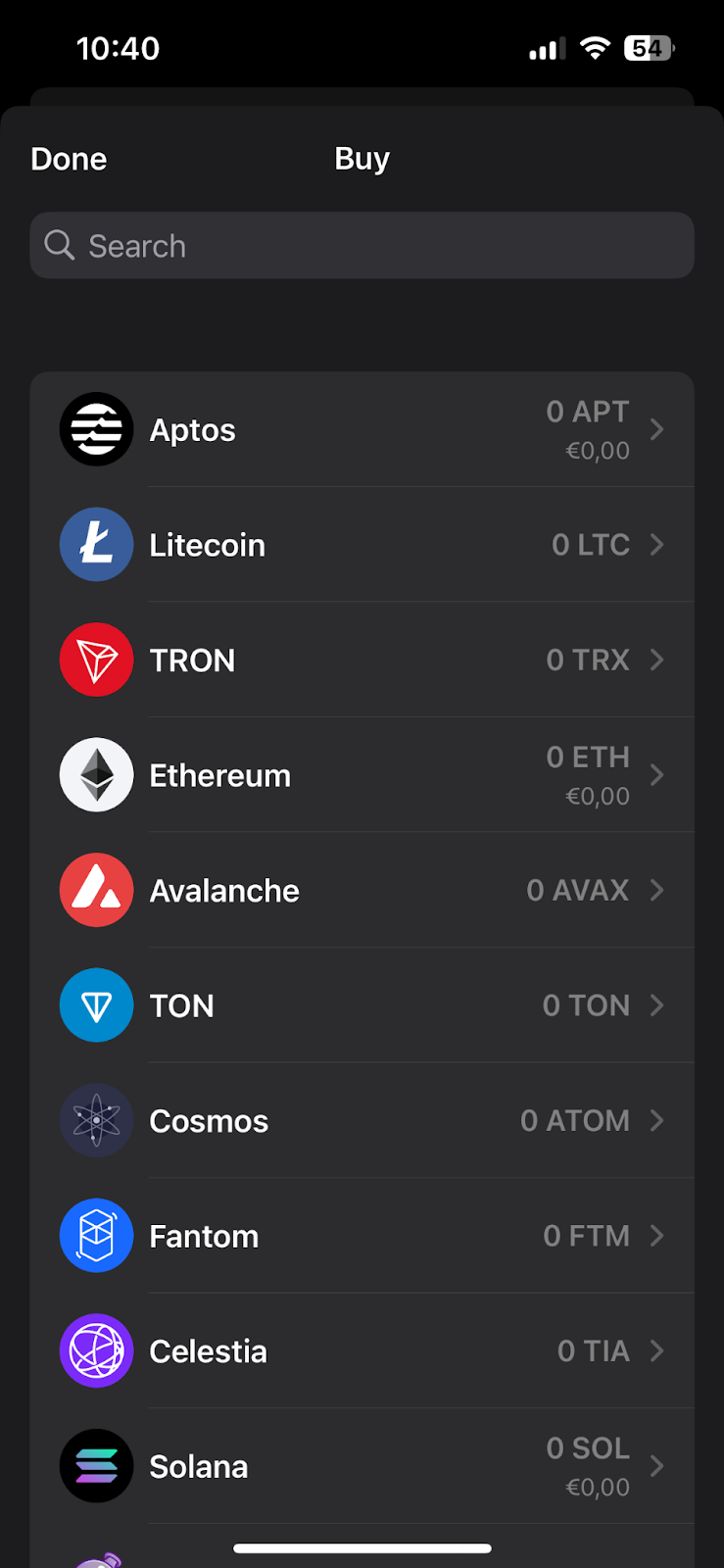 Example of how to buy tokens showing a selection of crypto and on a search bar including Aptos, Litecoin, and Tron. 