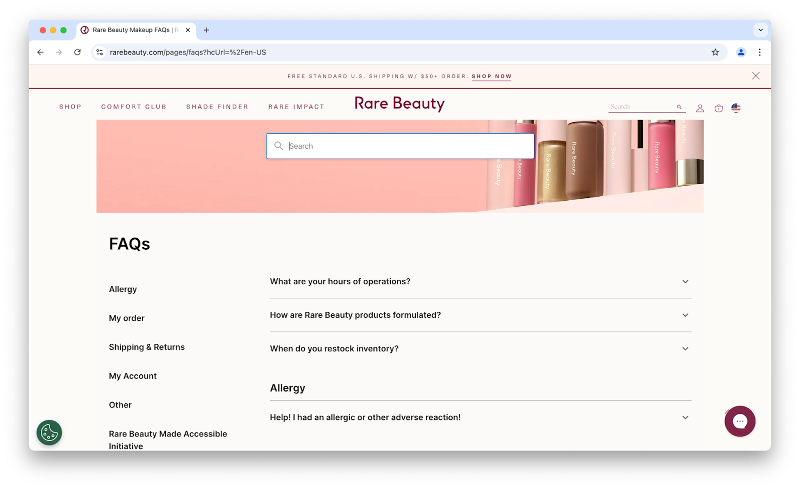 Image of Rare Beauty's FAQ page.