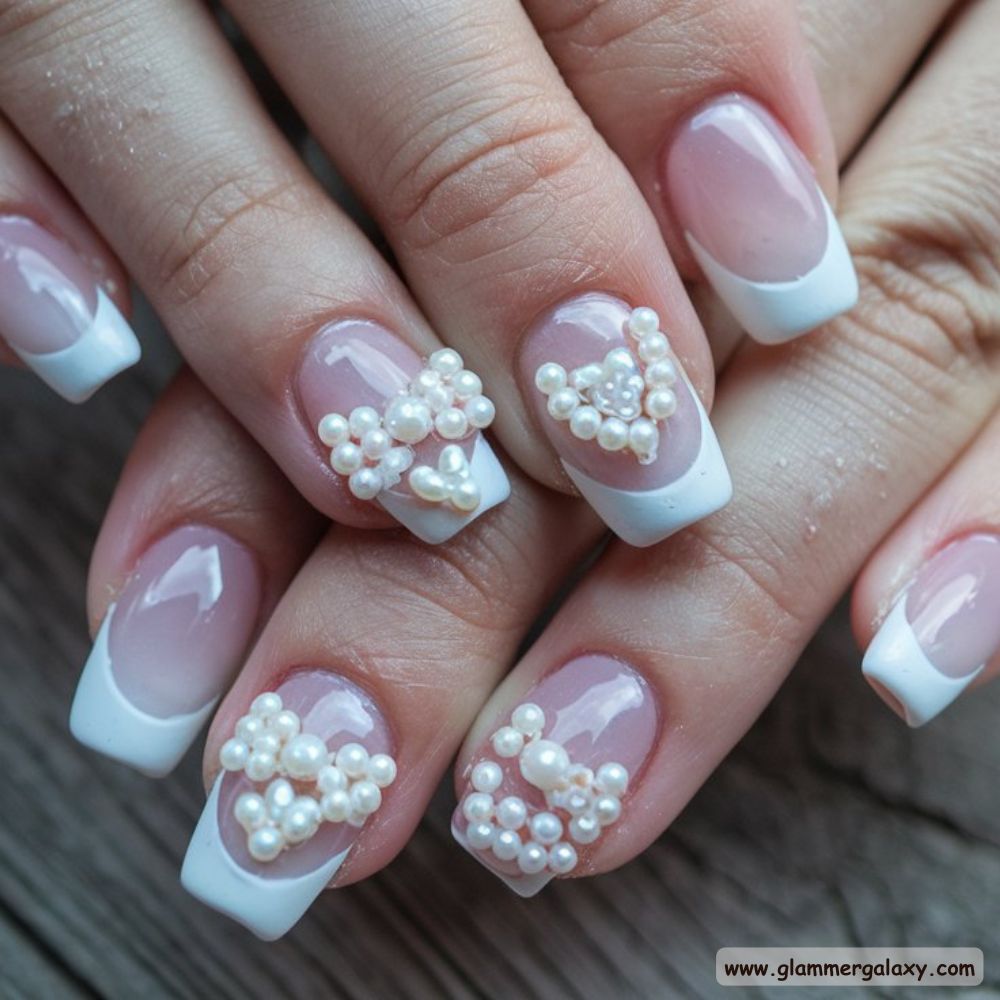 White Fall Nails having Pearl Embellishments
