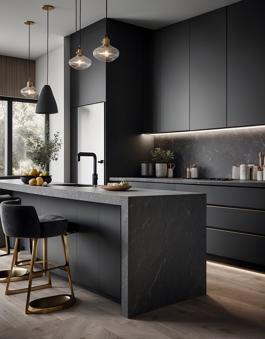 A modern kitchen with Stonewash Sleek 32 Dark Gray cabinets