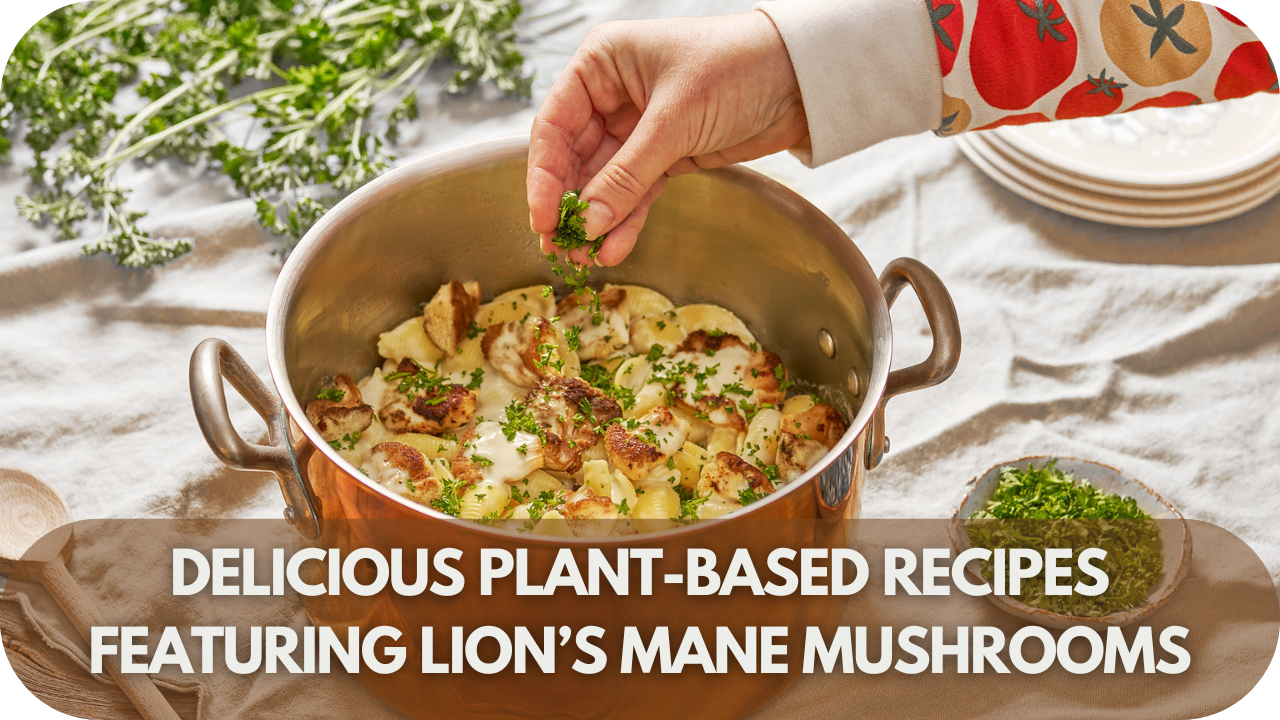 A hearty plant-based dish with Lion’s Mane mushrooms, vegetables, and fresh herbs served on a rustic plate.