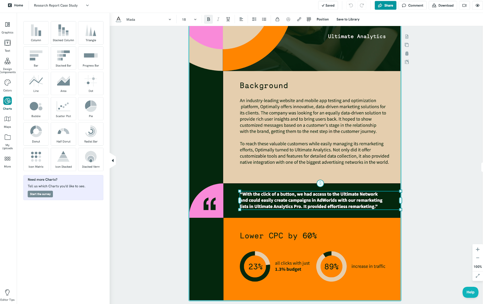 screenshot of piktochart editor, editing text, highlighted box section in template, green background