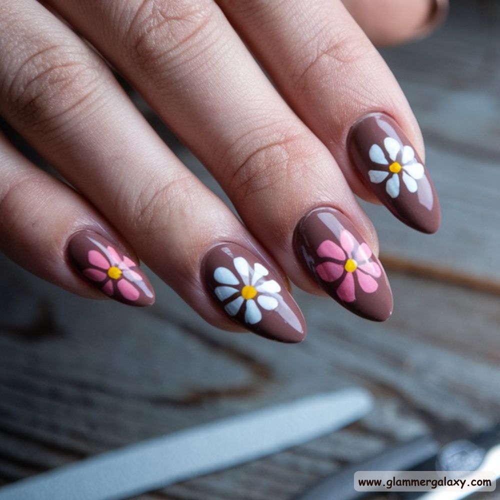 Almond Shaped Nails having Floral Chocolate Accents