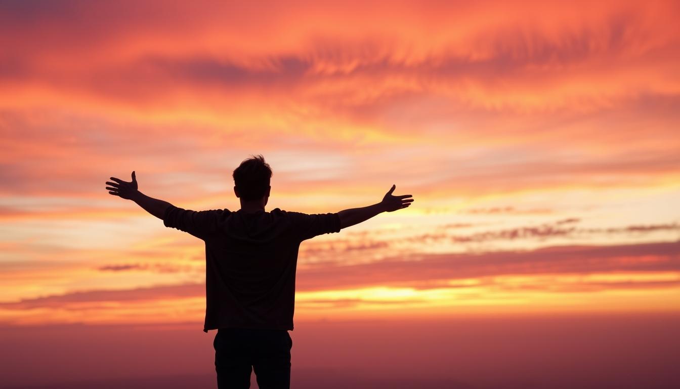 A person standing on a cliff, looking out at a beautiful sunset with arms open wide and a smile on their face. The sky is full of orange, pink, and purple hues, creating a sense of tranquility and hopefulness. The person's body language and facial expression exude confidence and positivity, suggesting that they are ready to embark on a new chapter in their life, including the possibility of reconnecting with their ex.