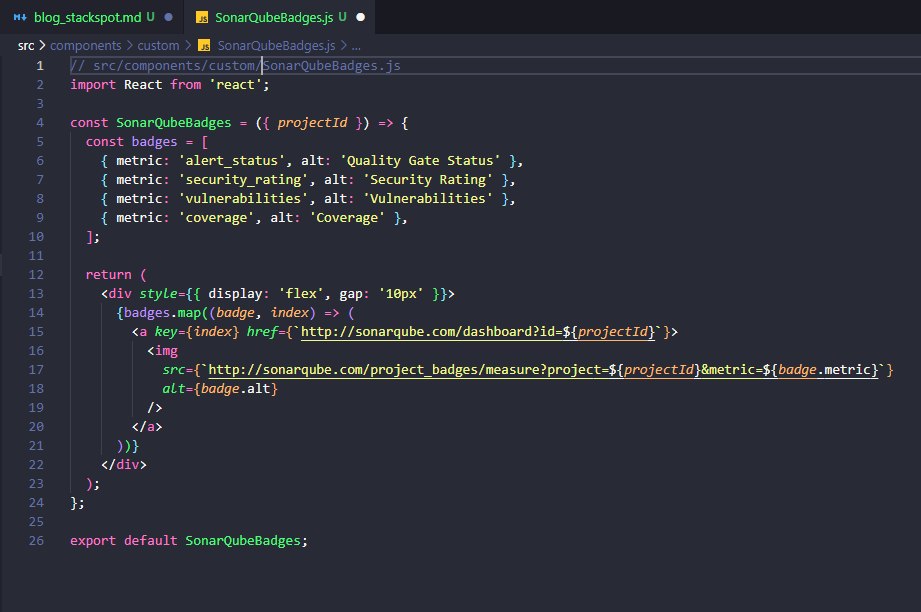 Imagem do artigo Documentação técnica com IA com captura de imagem onde criamos nosso componente React e espera o id do projeto no Sonar.