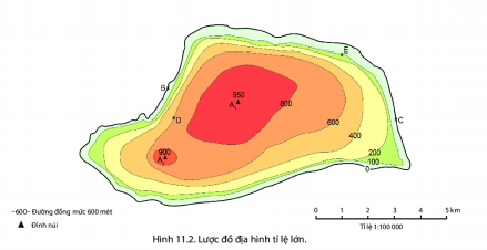 BÀI 11: THỰC HÀNH ĐỌC LƯỢC ĐỒ ĐỊA HÌNH TỈ LỆ LỚN VÀ LÁT CẮT ĐỊA HÌNH ĐƠN GIẢNI. Đọc lược đồ địa hình tỉ lệ lớnCâu 1: Dựa vào hình 11.2 em hãy:- Xác định độ cao chêch lệch giữa hai đường đồng mức- Xác định độ cao của các điểm B,C,D, E trên lược đồ- So sánh độ cao đỉnh núi A1 và A2- Cho biết sườn núi từ A1 đến B hay từ A1 đến C dốc hơn?Giải nhanh:- Độ cao chêch lệch giữa hai đường đồng mức: 600m- Xác định độ cao của các điểm B,C,D, E trên lược đồ:Điểm B0Điểm D600mĐiểm C0Điểm E100m- So sánh: A1 cao hơn A2 và cao hơn 500m- Sườn núi từ A1 đến B dốc hơn từ A1 đến C do có khoảng cách các đường đồng mức càng ngắn thì độc dốc càng lớnII. Lát cắt địa lí