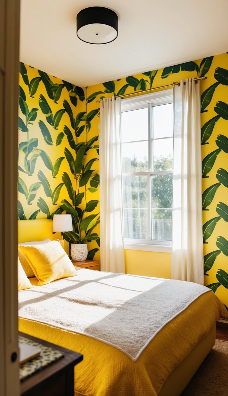 A cozy bedroom with yellow walls adorned with banana leaf wallpaper. Sunlight filters through the window, casting a warm glow over the room