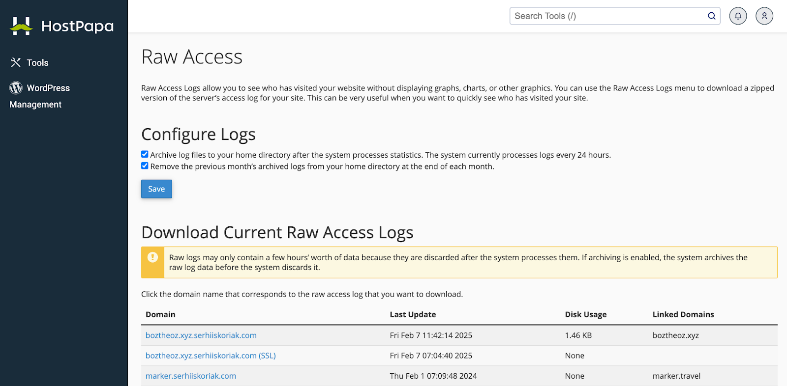 Rohdaten für das Website-Logging.