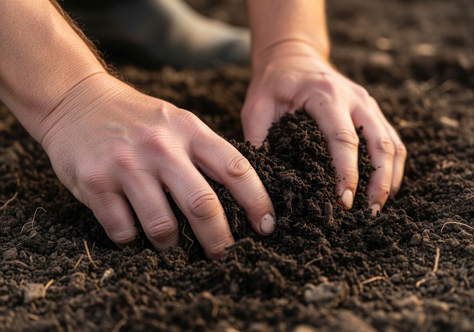 mãos adubando o solo com composto orgânico, em close-up