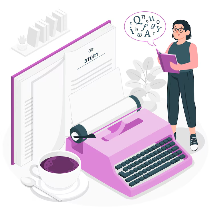 Graphic of a person about to write feature articles with a typewriter