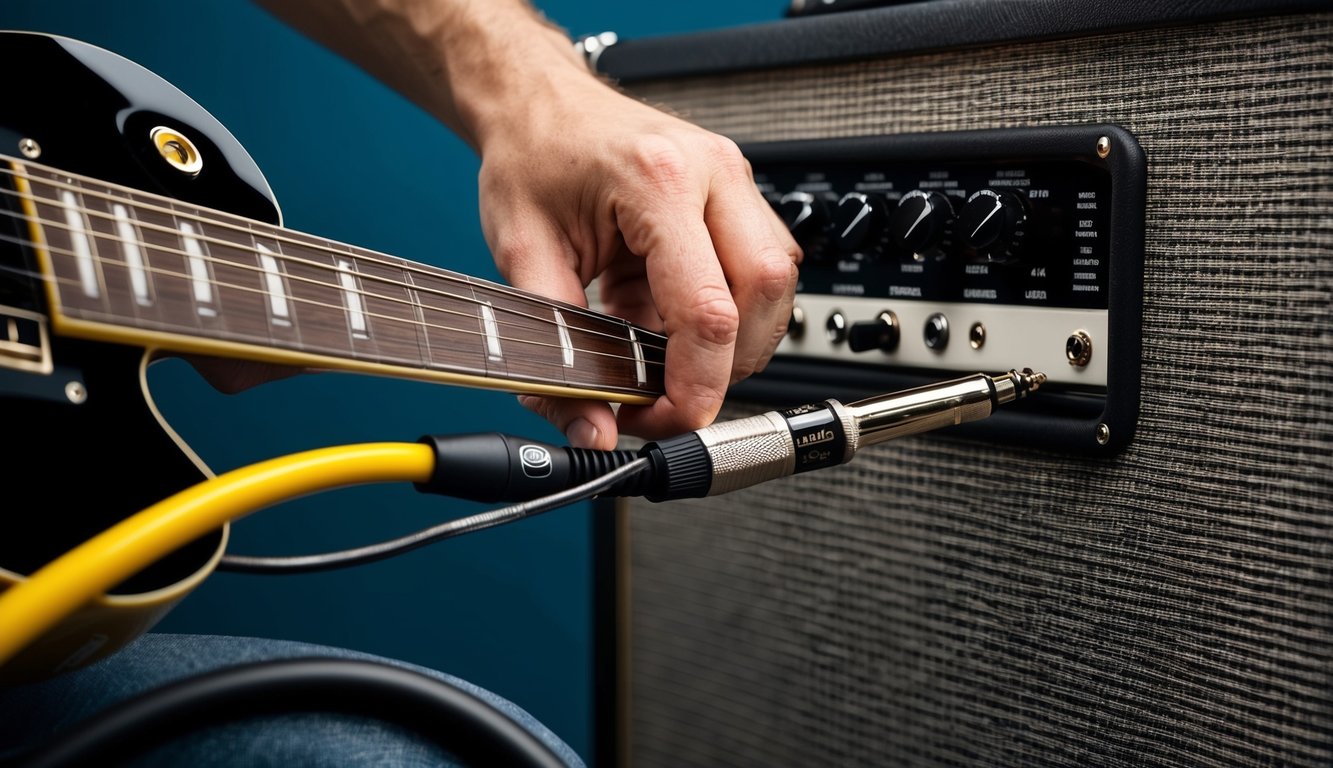 A guitarist plugging in a high-quality instrument cable, with clear sound waves emanating from the amplifier