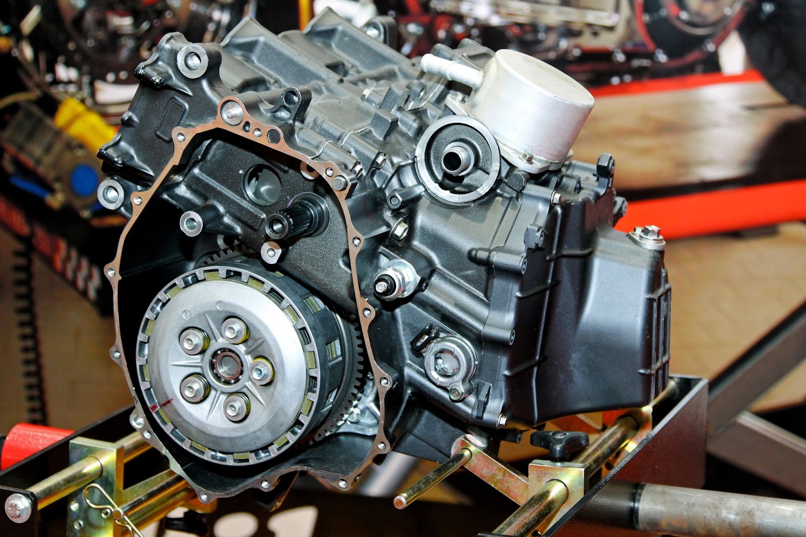 Close-up of a van engine mounted in a workshop