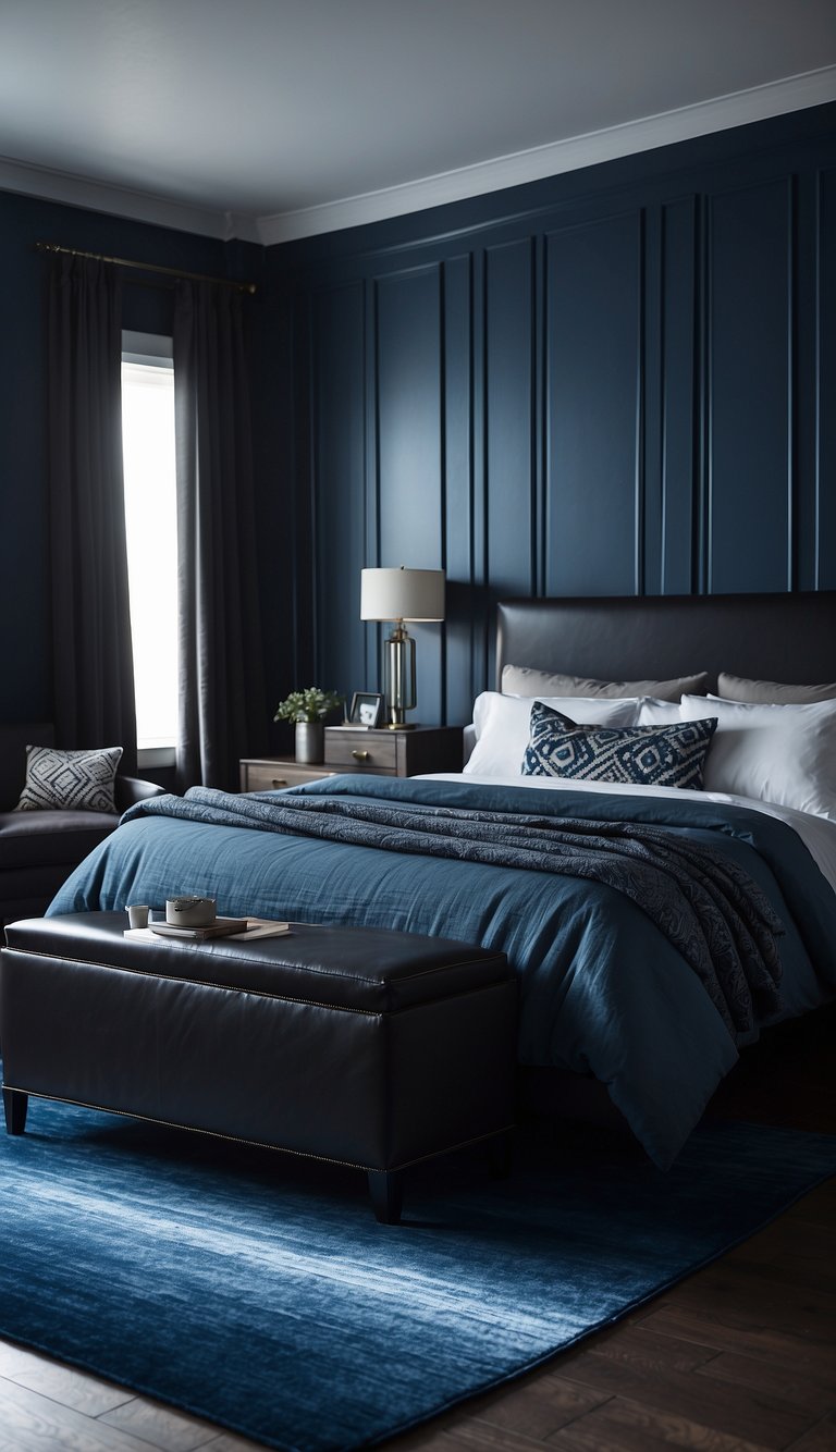 A cerulean area rug lies in the center of a dark blue bedroom, surrounded by matching decor and furniture