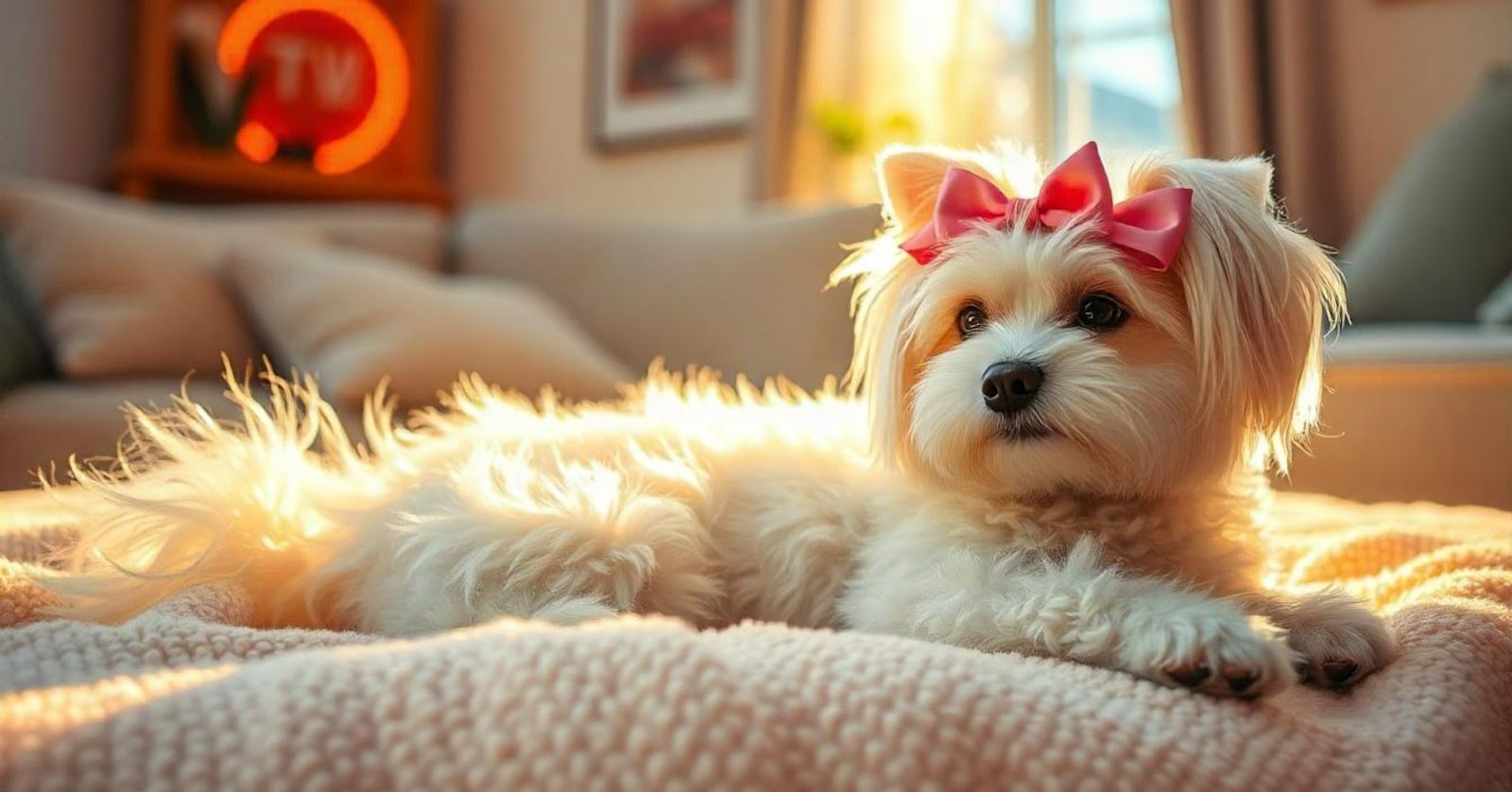 A fluffy white dog with a pink bow sitting on a soft blanket, with a cozy home setting in the background.