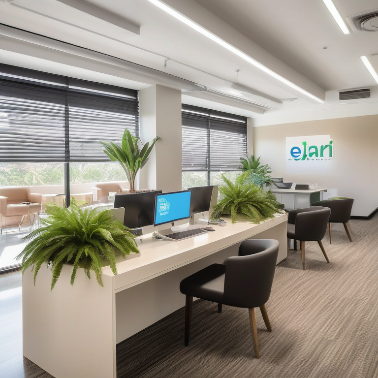 Modern and bright Ejari registration office with a welcoming desk, plants, and comfortable guest seating.