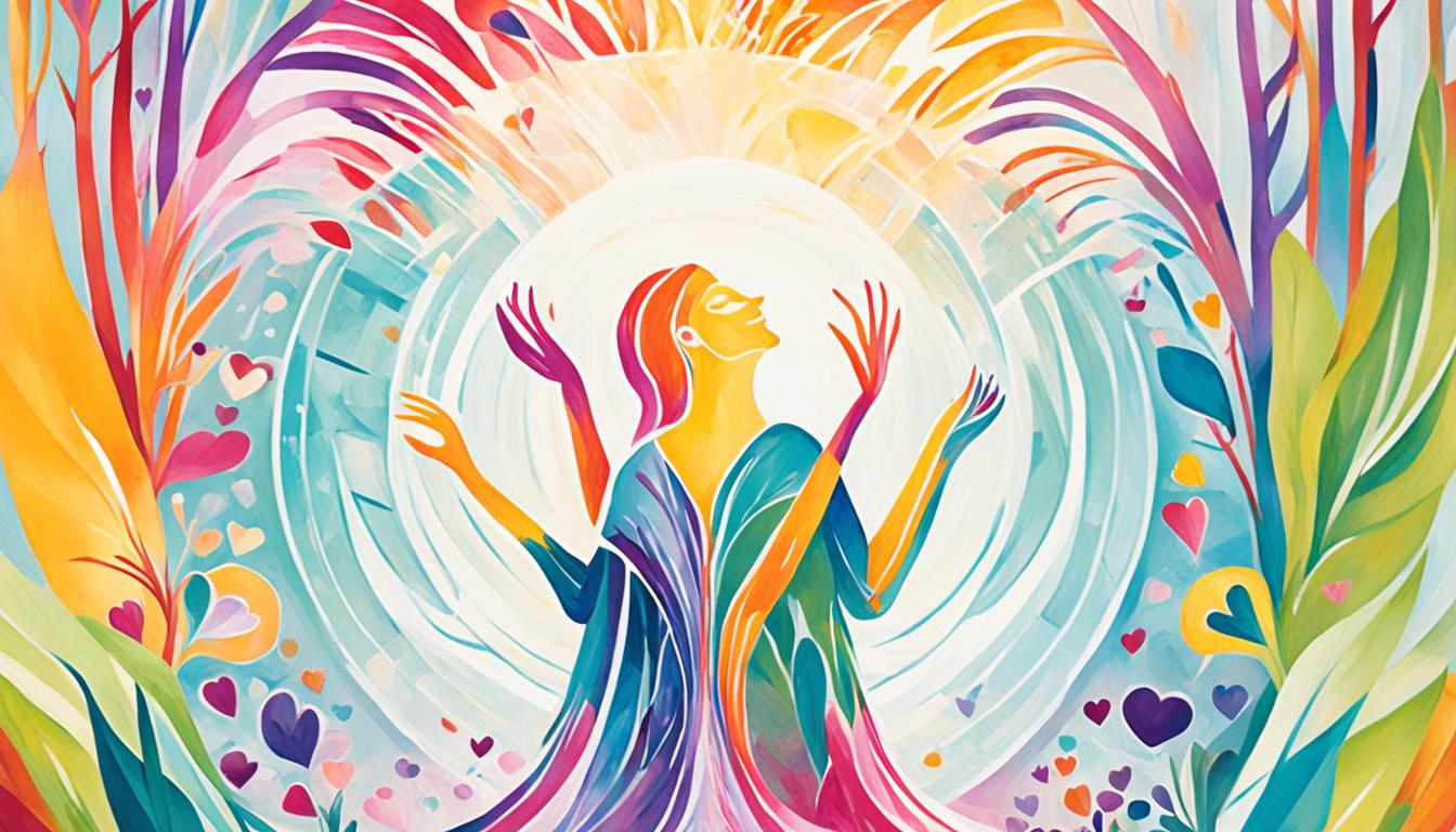 An image showing a person standing in front of a mirror, looking at themselves with love and gratitude. The reflection in the mirror should show two people holding hands and smiling, representing the rekindled love connection. The background should be filled with vibrant, warm colors, symbolizing the joy and happiness that comes with manifesting love. Incorporate elements of nature, such as flowers or birds, to represent growth and renewal. The overall tone should be uplifting and empowering.