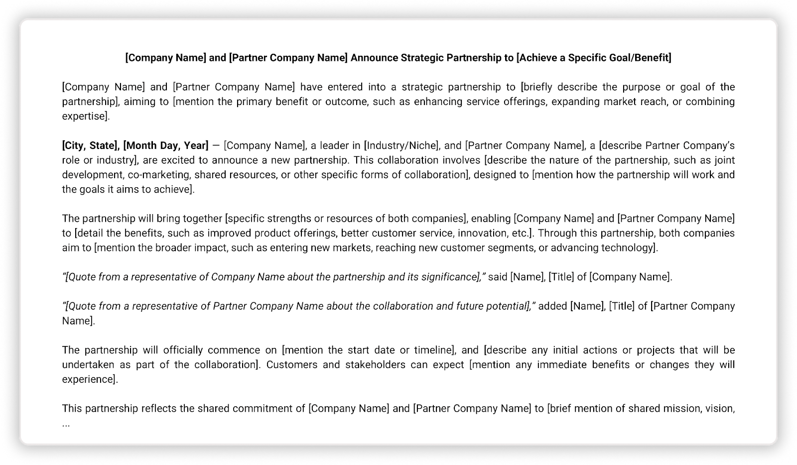 Screenshot of Partnership and Collaboration press release template.