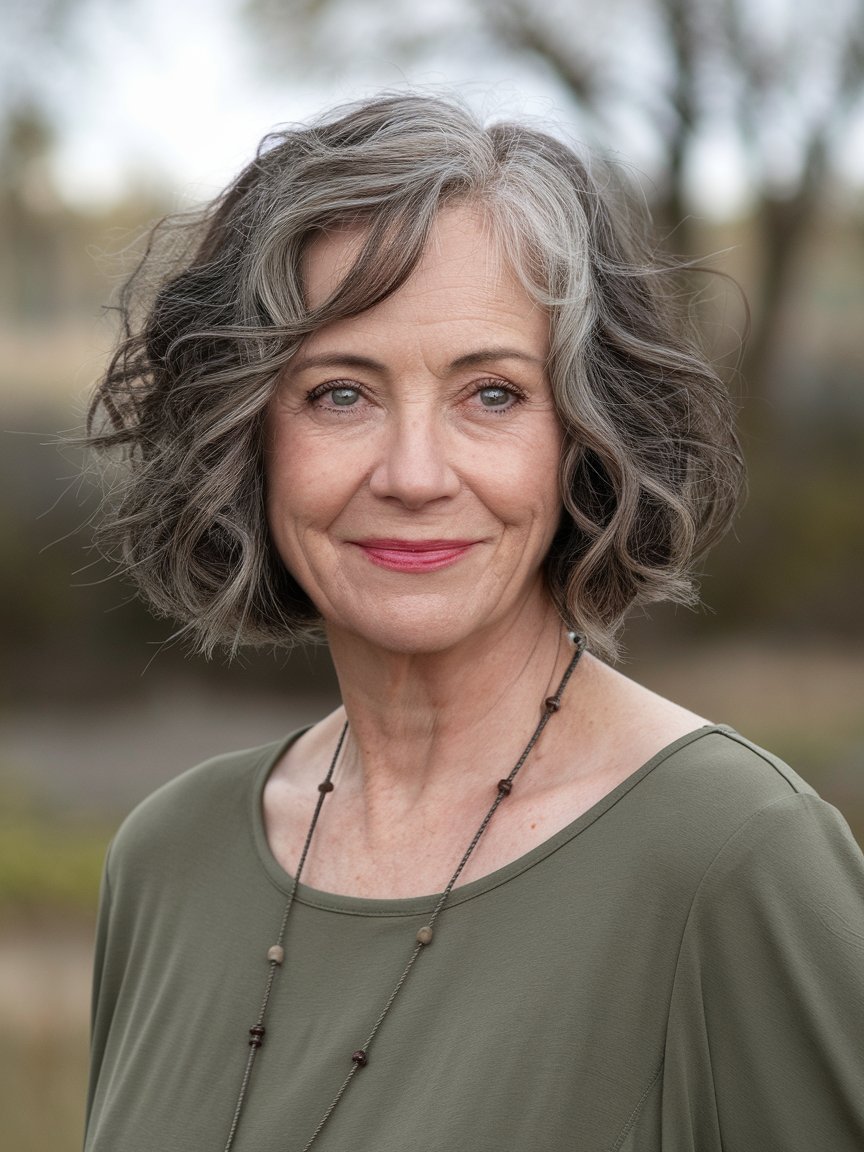 11. Curly Bob with Side-Swept Bangs