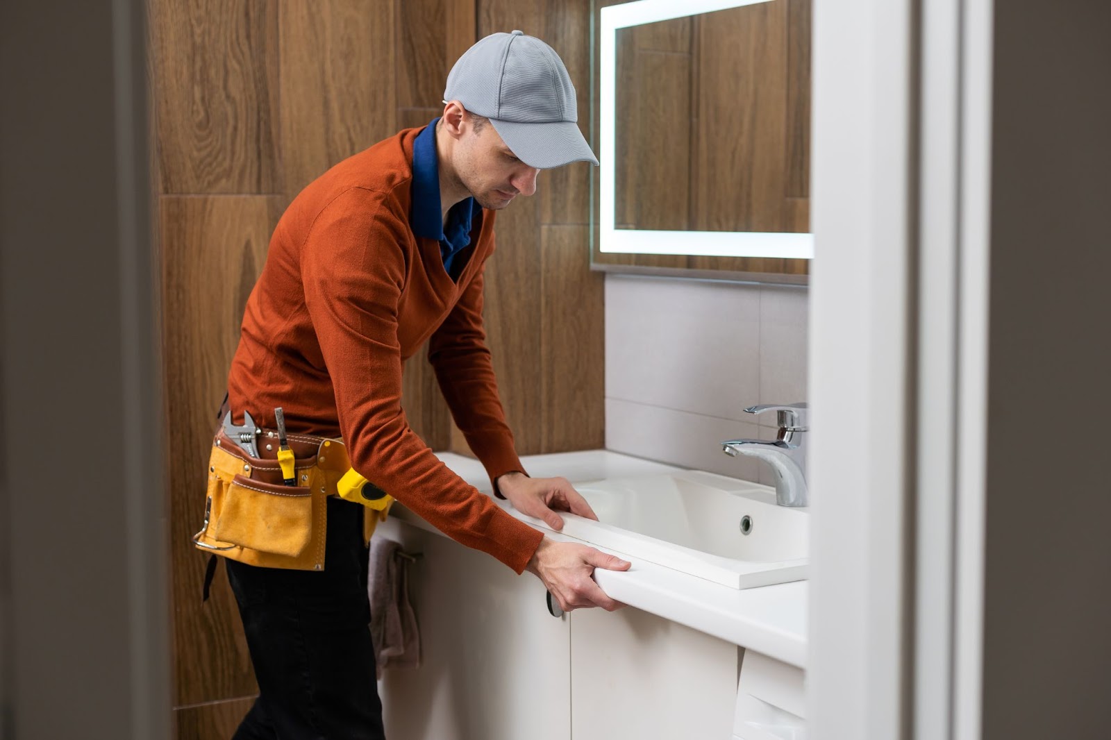 A handyman repairing a sink.