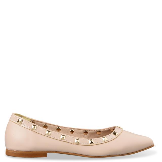 A pink flat with gold studs

Description automatically generated