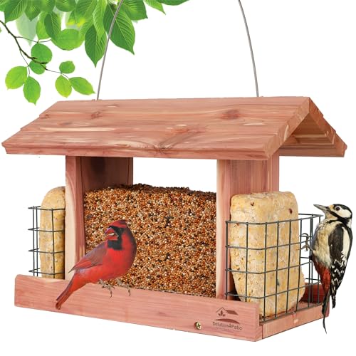 Solution4Patio Homes Garden USA Cedar Bird Feeder Wildbird Essentials Handmade Wooden Outdoor Ranch Patio Yard Tree Hanging with Double Plastic Window and Double Suet Holder Cages Combination #G-8534