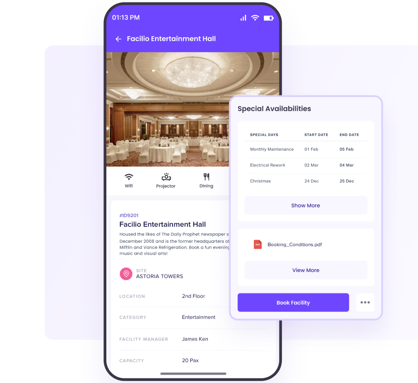 UI representation of Facilio reservation conditional booking system managing space allocation