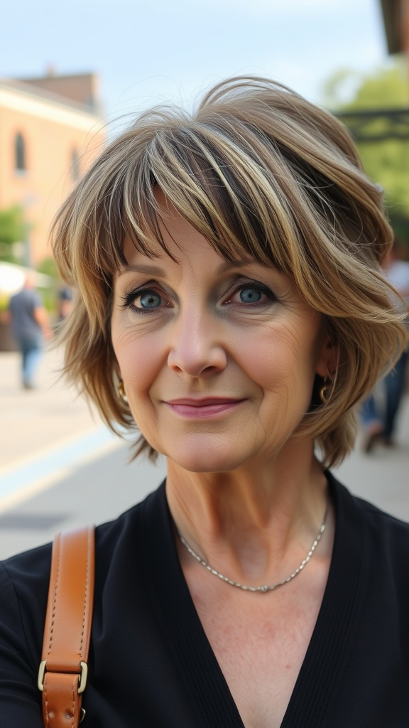A woman with shoulder-length shag haircut featuring face-framing layers, showcasing a stylish and youthful appearance.