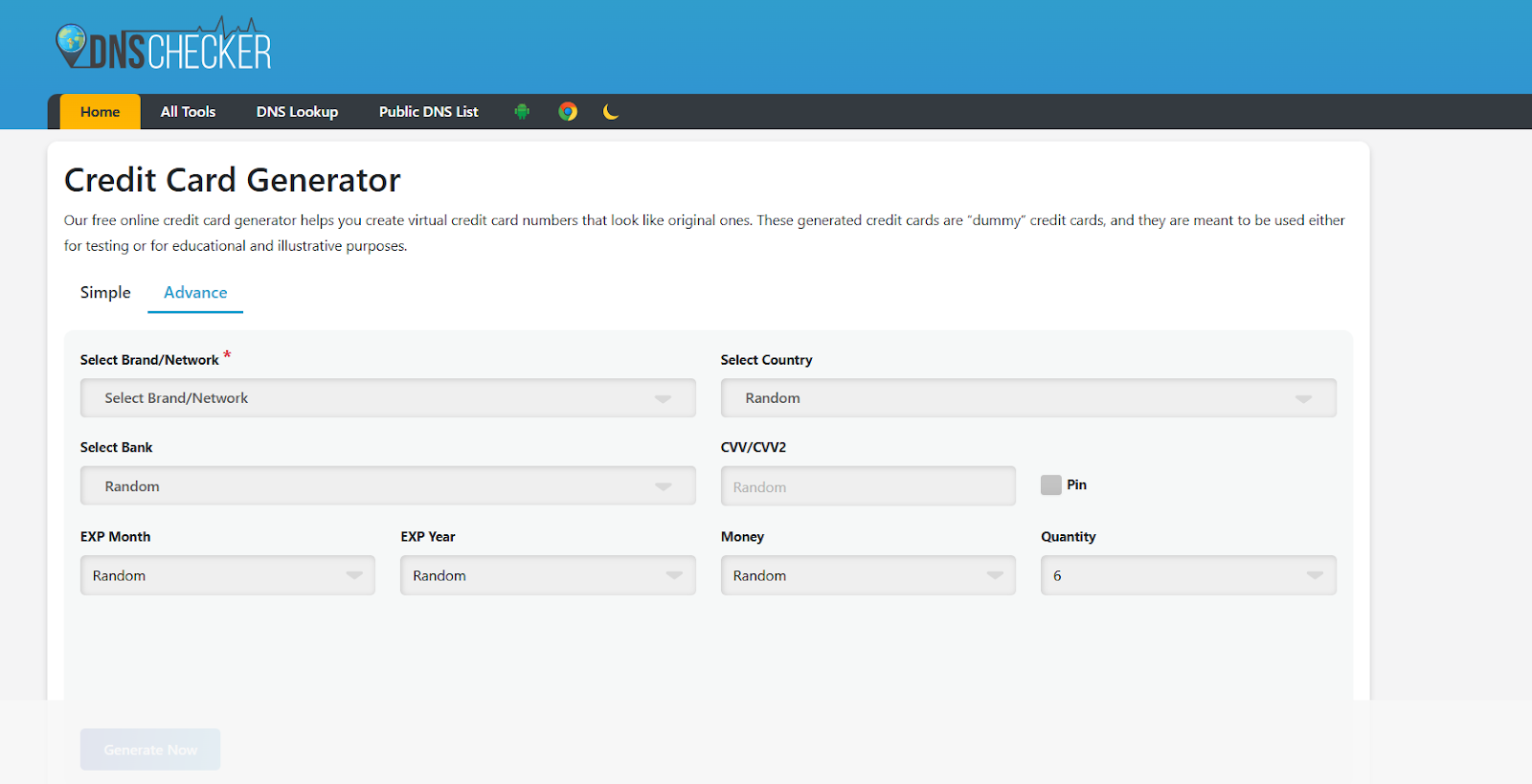 DNSChecker's Credit Card Generator