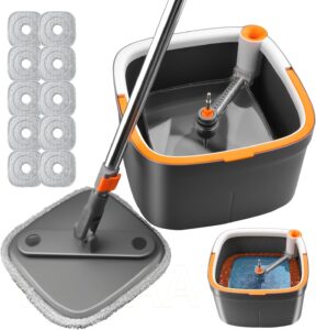 Spin Mop and Bucket Set with Self Separation Dirty and Clean Water System, Square Mop Bucket Self Wringing 360° Rotating Clean Floor Mop-Head for Hardwood Tile Marble Floors (Mop Set with 10pads)