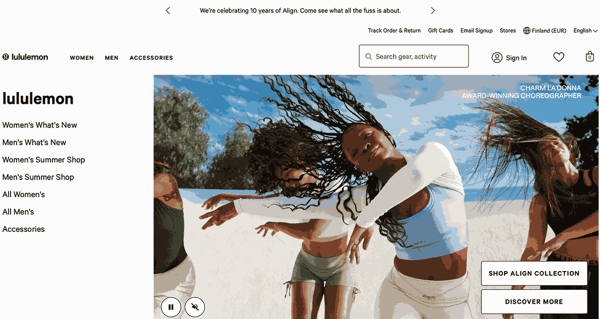 A screenshot of Lululemon homepage as one of the fashion brands looking for influencers