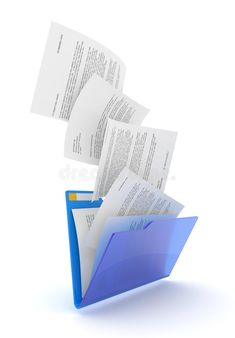 This may contain: a blue folder filled with papers flying through the air royalty illustration on white background stock images