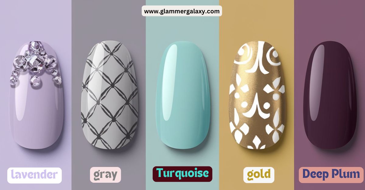 Five nail polish designs labeled lavender, gray, turquoise, gold, and deep plum