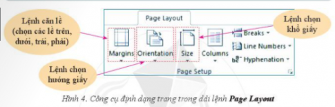 BÀI 2. TRÌNH BÀY TRANG, ĐỊNH DẠNG VÀ IN VĂN BẢN1. KHÁM PHÁ CÁCH THỰC HIỆN ĐỊNH DẠNG ĐOẠNCâu hỏi: Em hãy khám phá các lệnh định dạng đoạn cho trong Hình 2 để thực hiện căn biên và chọn độ dãn dòng cho các đoạn của văn bản  Bình đẳng giới  ở trên.Giải nhanh: Học sinh tự thực hành trên lớp2. TÌM HIỂU VỀ ĐỊNH DẠNG TRANGCâu hỏi: Em hãy tìm hiểu công cụ định dạng trang trong Hình 4. Sau đó hoàn thiện các bước căn lề nhanh bằng cách chọn lệnh thích hợp cho các ô ? sau đây:1. Đặt con trỏ chuột vào vị trí bất kì trong văn bản2. Nháy chuột vào dải lệnh ?3. Trong nhóm lệnh ?, nháy chuột vào lệnh căn lề (lệnh ?) và chọn một mẫu lề phù hợpGiải nhanh:Học sinh thực hiện trên lớp3. IN VĂN BẢNCâu hỏi: Em hãy nêu các bước thực hiện căn lề trang và in ra 5 bản bài viết về 