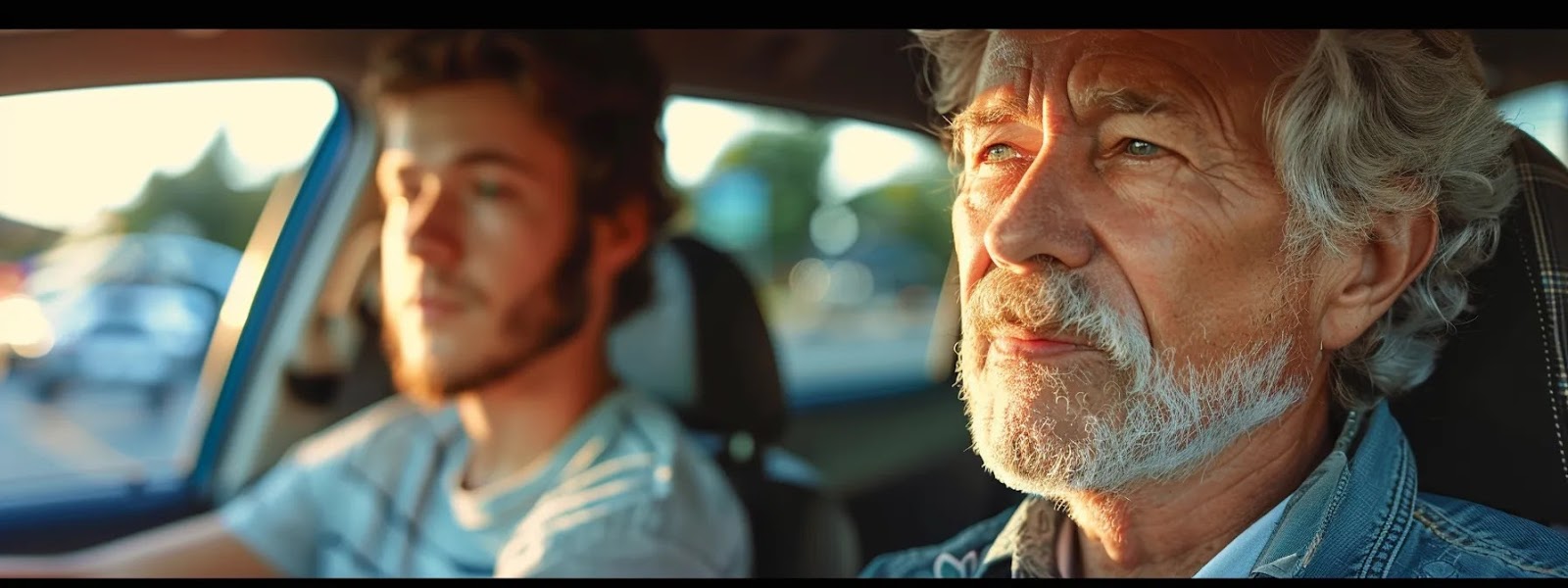 a young driver looks incredulously at their high insurance quote, while an older driver smiles confidently at their lower rate, illustrating the age disparity in car insurance costs in oklahoma city.