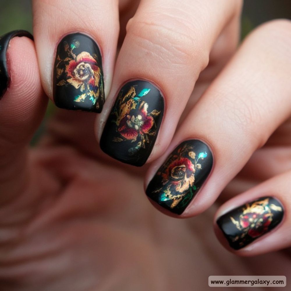 Black Fall Nails having Floral Intricacy
