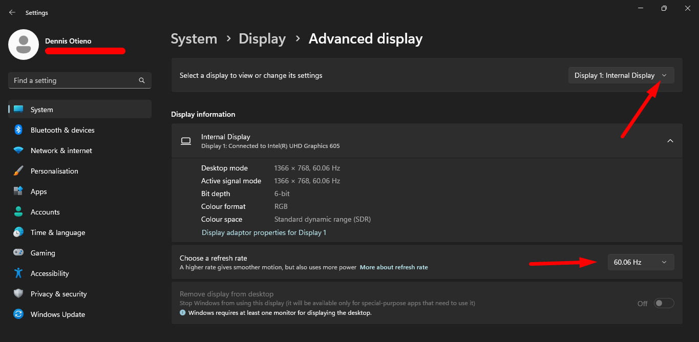 advanced display settings refresh rate