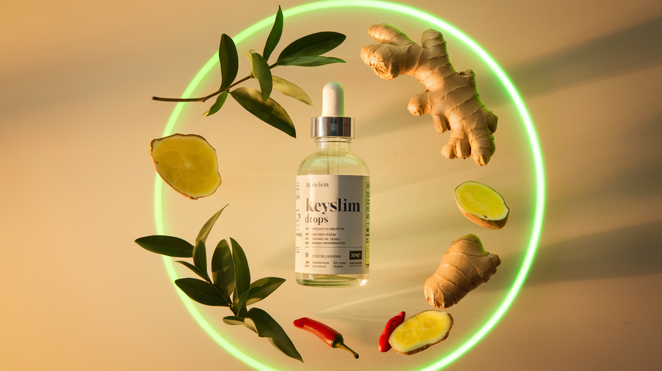 Create a realistic image of a glass bottle of KeySlim Drops surrounded by natural ingredients like green tea leaves, ginger root, and cayenne pepper on a clean white surface, with a soft green glow around the bottle suggesting metabolism boost, warm lighting highlighting the natural elements, and a small nutrition facts label partially visible on the bottle.