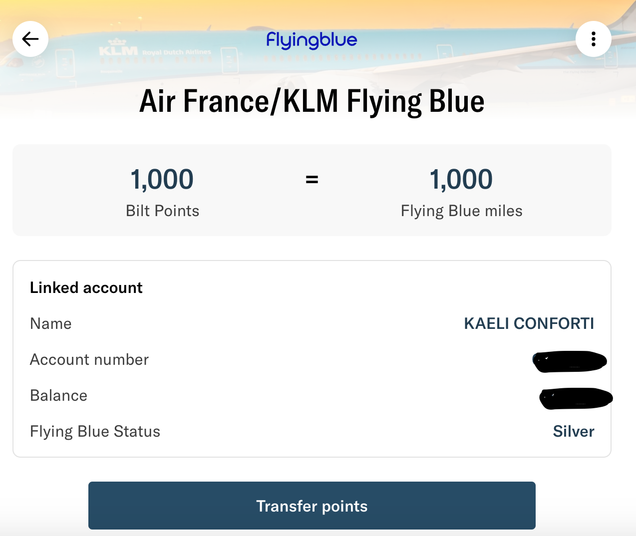 screenshot of transferring points from bilt to Flying Blue