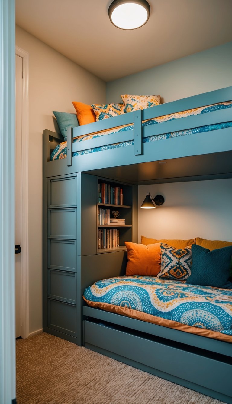 A cozy bunk room with a futon bunk bed combo, featuring built-in storage, colorful bedding, and soft lighting