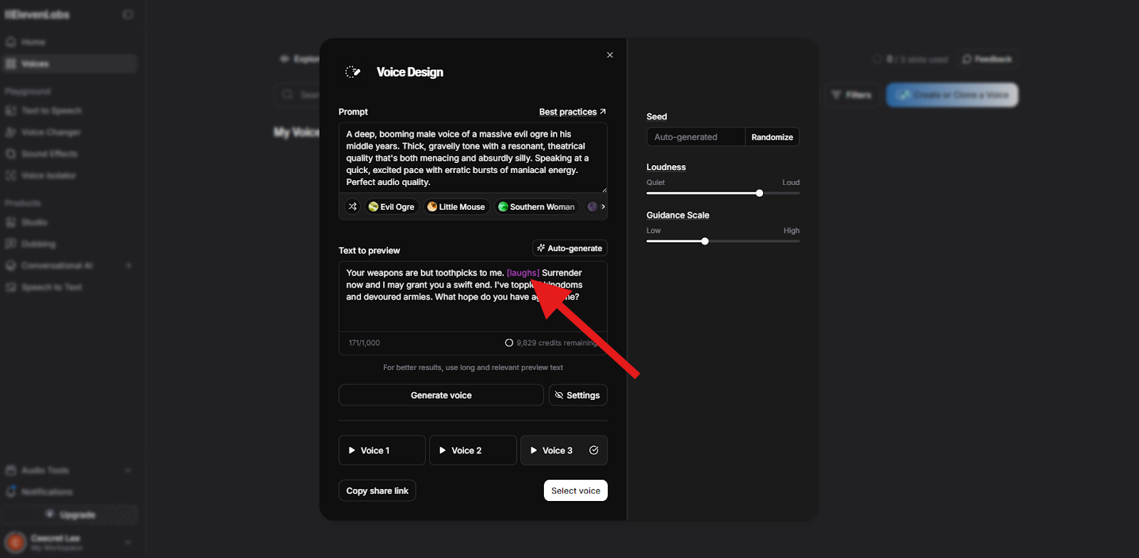 Screenshot of the ElevenLabs Voice Design interface with a red arrow pointing to the audio tag “[laughs]” in the text preview section, demonstrating emotional voice control.