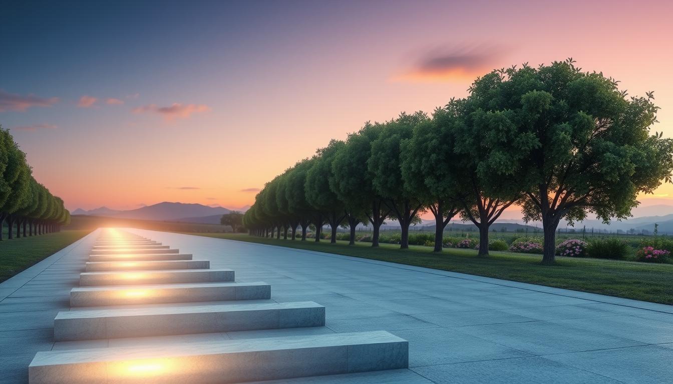 A serene pathway lined with milestones, each step representing patience and perseverance, with soft glowing lights illuminating the journey. The background features a gradient sky transitioning from dawn to dusk, symbolizing the passage of time. Flanking the path are lush trees depicting growth and progress, while subtle visual elements suggest aspirations and goals, like distant mountains and vibrant flowers.