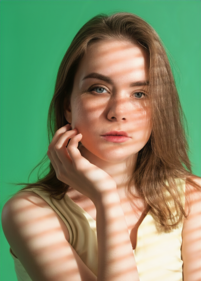 A portrait of a woman with a harsh shadow on her face