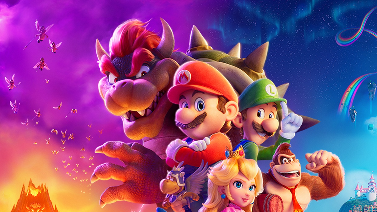 Imagen promocional de la película 'Super Mario Bros', mostrando a Mario, Luigi, Bowser y otros personajes del videojuego.